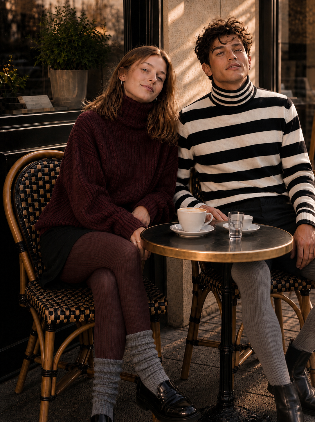 Ein Paar sitzt gemeinsam vor einem Café und trägt farblich abgestimmte Strickmode. Strickpullover, Strickstrumpfhosen und Wollstrümpfe zeigen einen modernen, alltagstauglichen Partnerlook