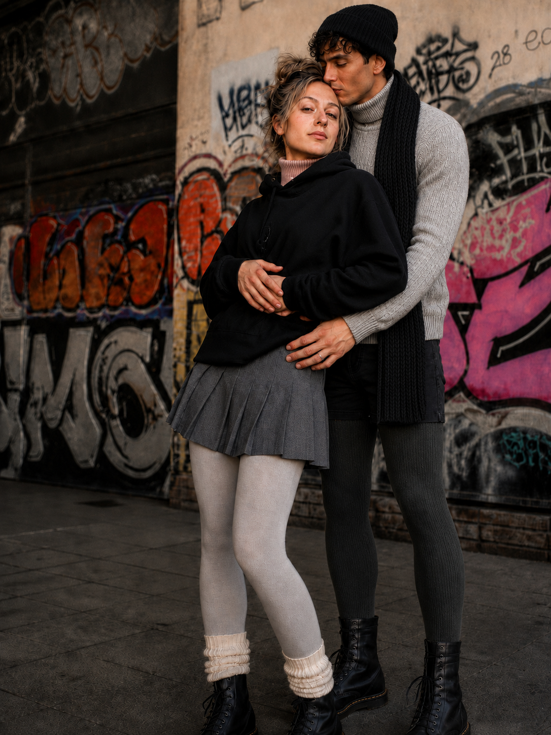 Zwei Personen posieren vor einer Wand mit buntem Graffiti. Eine Person steht hinter der anderen, umarmt sie von hinten und küsst sie auf den Kopf. Sie trägt eine schwarze Mütze, einen grauen Rollkragenpullover, einen schwarzen Schal, dunkle Shorts, grüne Strumpfhosen und schwarze Stiefel. Die vordere Person trägt einen schwarzen Kapuzenpullover, einen grauen Faltenrock, helle Strumpfhosen, cremefarbene Stulpen und schwarze Stiefel.